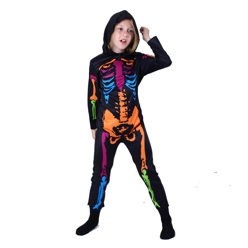 Kids Skeleton Scary Costume Glow in The Dark White Bones Stretch Body Suit with Hoodie