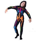 Kids Skeleton Scary Costume Glow in The Dark White Bones Stretch Body Suit with Hoodie