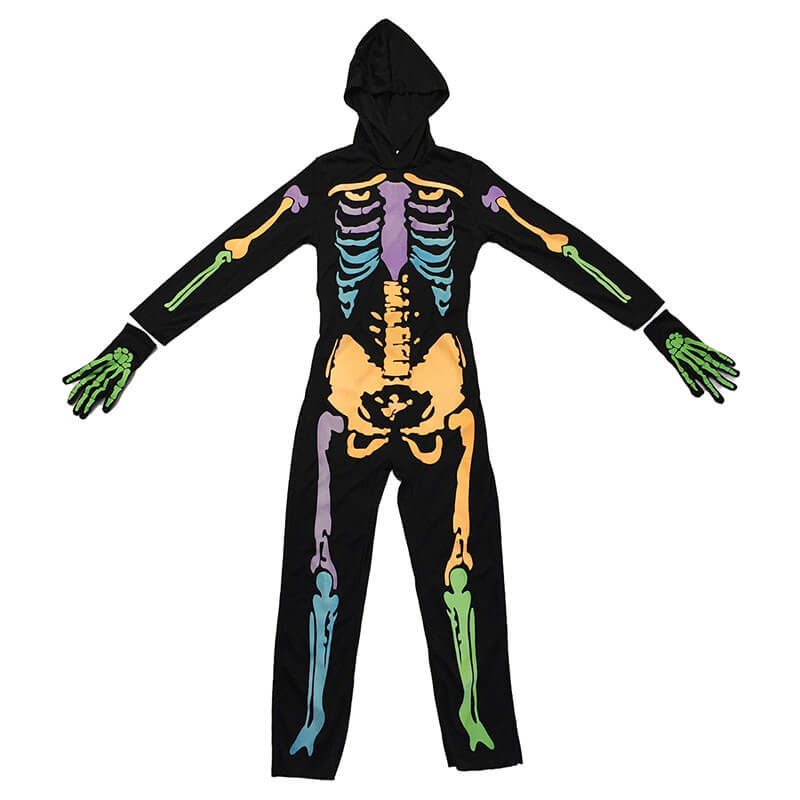 Kids Skeleton Scary Costume Glow in The Dark White Bones Stretch Body Suit with Hoodie