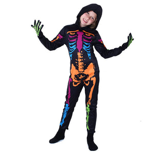 Kids Skeleton Scary Costume Glow in The Dark White Bones Stretch Body Suit with Hoodie