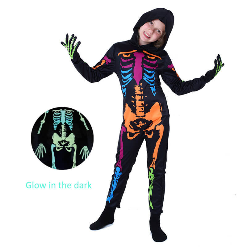 Kids Skeleton Scary Costume Glow in The Dark White Bones Stretch Body Suit with Hoodie