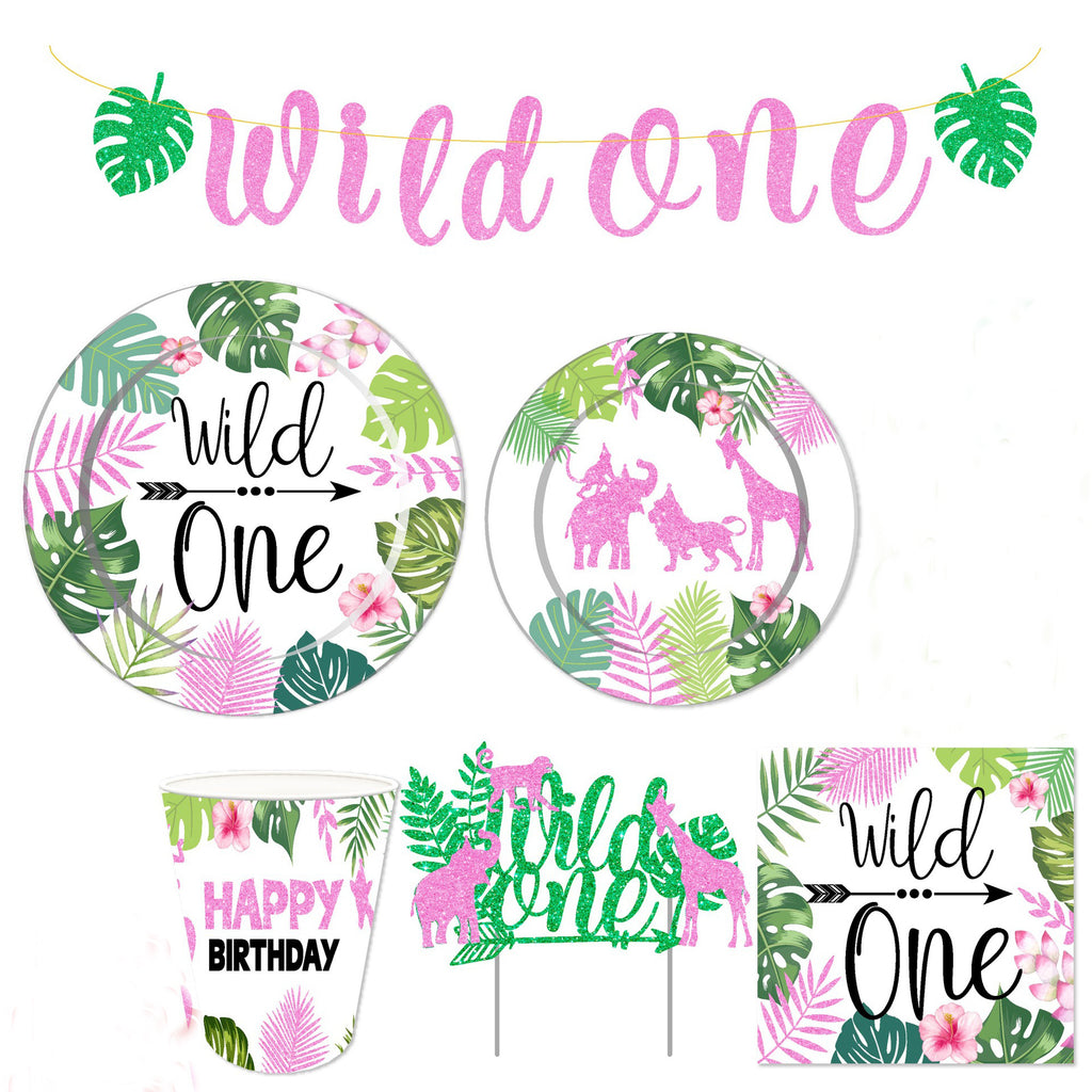 Kids Wild One Party Tableware Set Toddler 1st Animal Theme Birthday Disposable Tableware for Boys and Girls