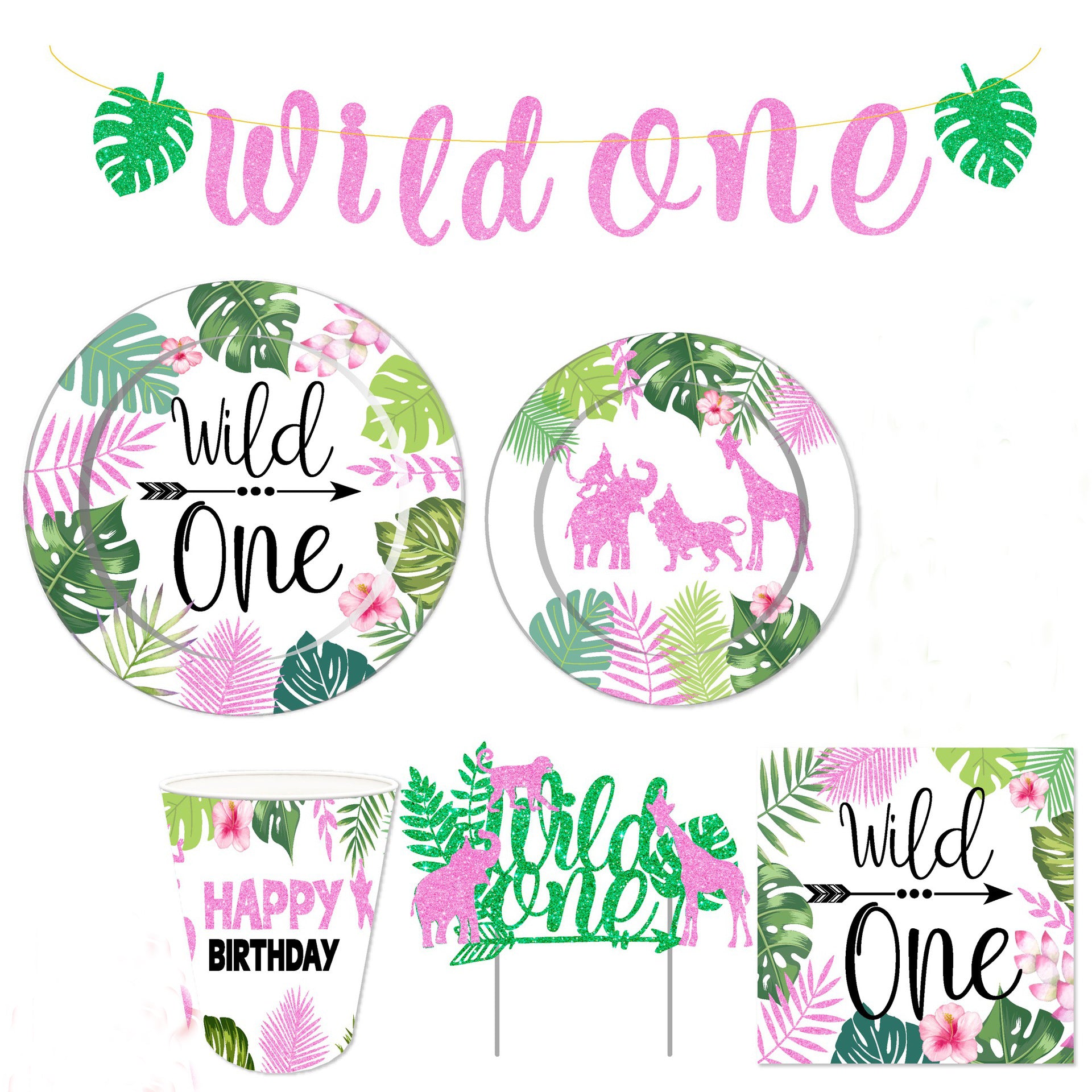 Kids Wild One Party Tableware Set Toddler 1st Animal Theme Birthday Disposable Tableware for Boys and Girls