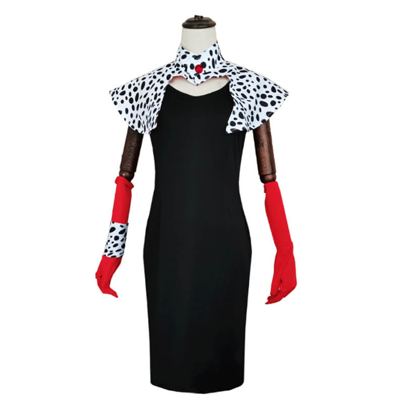 101 Dalmatians Costume Black/ White Dress with Gloves and Cape Halloween Cosplay Full Set