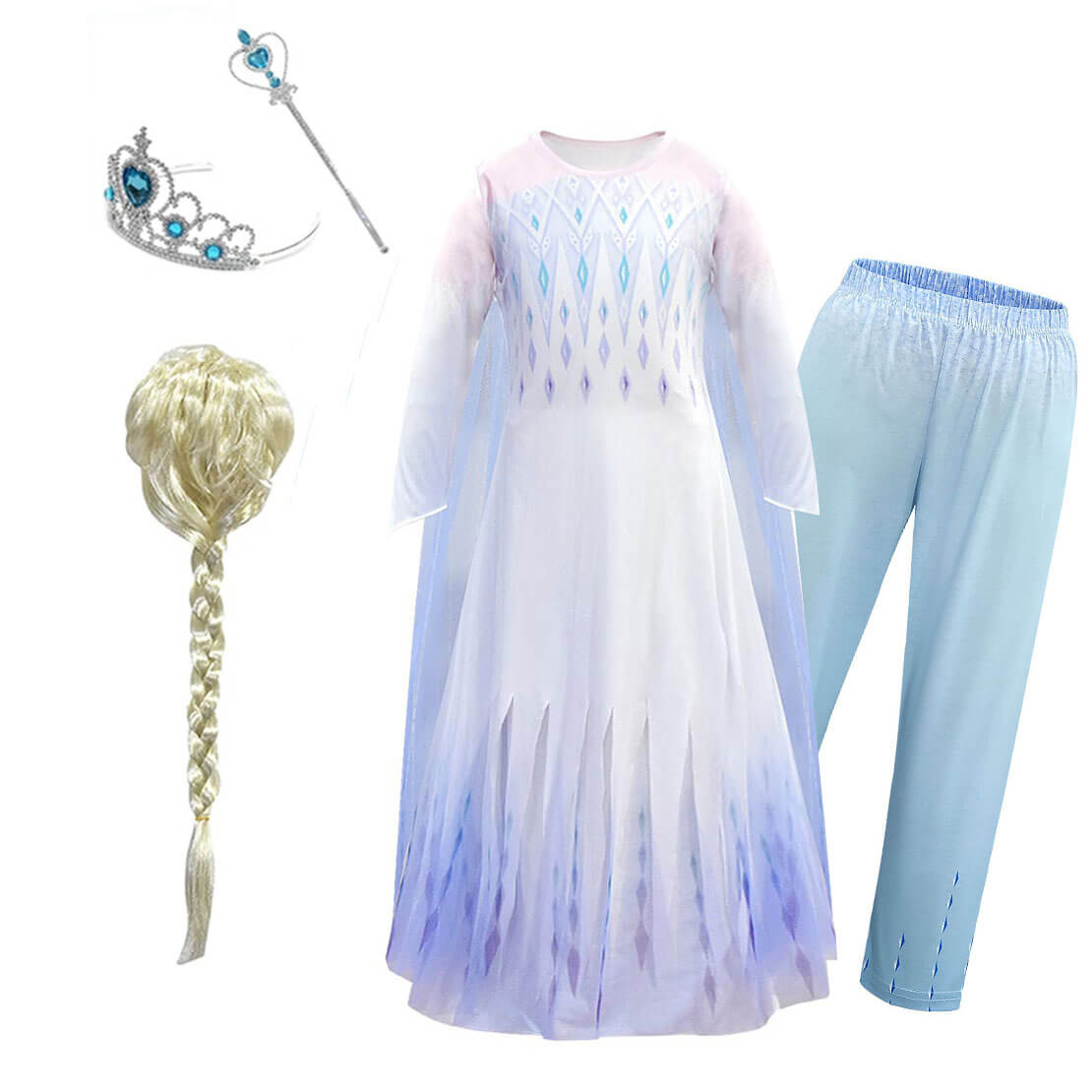 Kids Elsa Princess Costume Snow Girls Dress With Crown Scepter Wig Cosplay Accessories