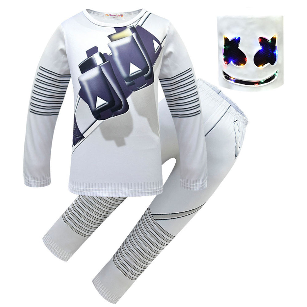 Kids Marshmallow Costume Unisex Long Sleeve Shirts and Pants Outfit Set with LED Helmet