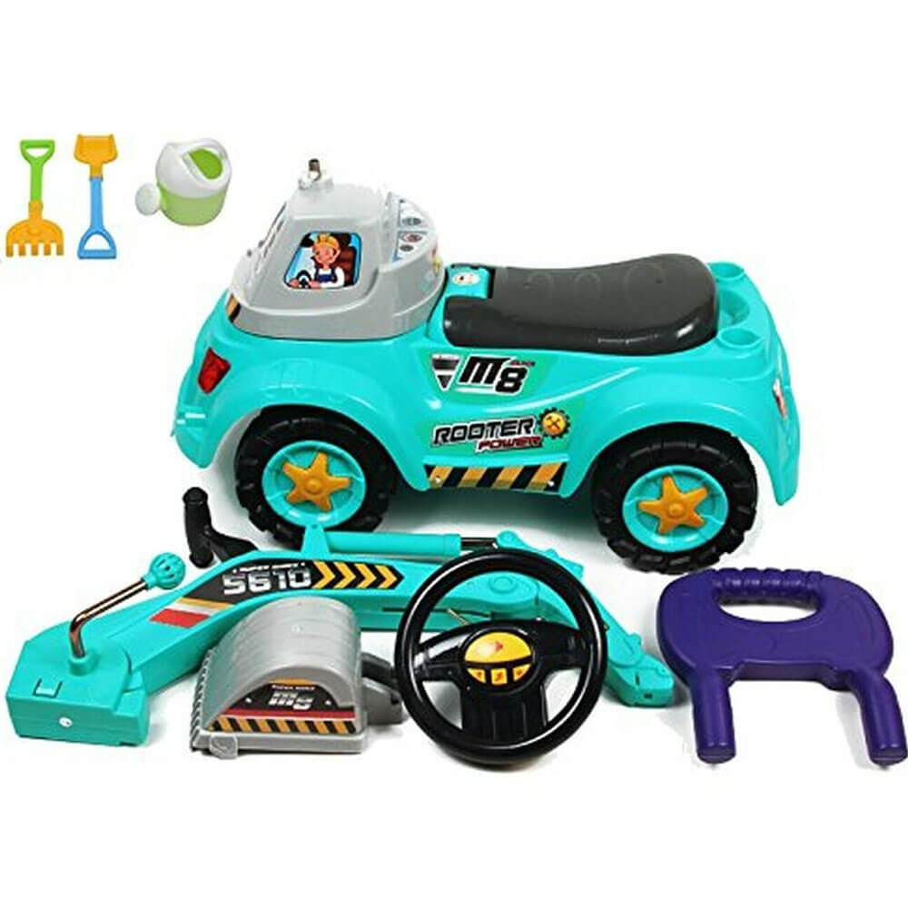 Kids 3-in-1 Ride-on Excavator Truck With Music for Boys Girls Indoor Outdoor Scooter, Pulling cart & Excavator