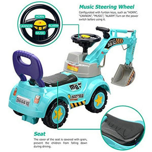 Kids 3-in-1 Ride-on Excavator Truck With Music for Boys Girls Indoor Outdoor Scooter, Pulling cart & Excavator