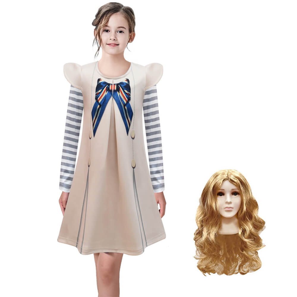 Girls AI Doll Costume Long Sleeve Shirt and Dress 2pcs Suit Halloween Outfit Wig for Cosplay