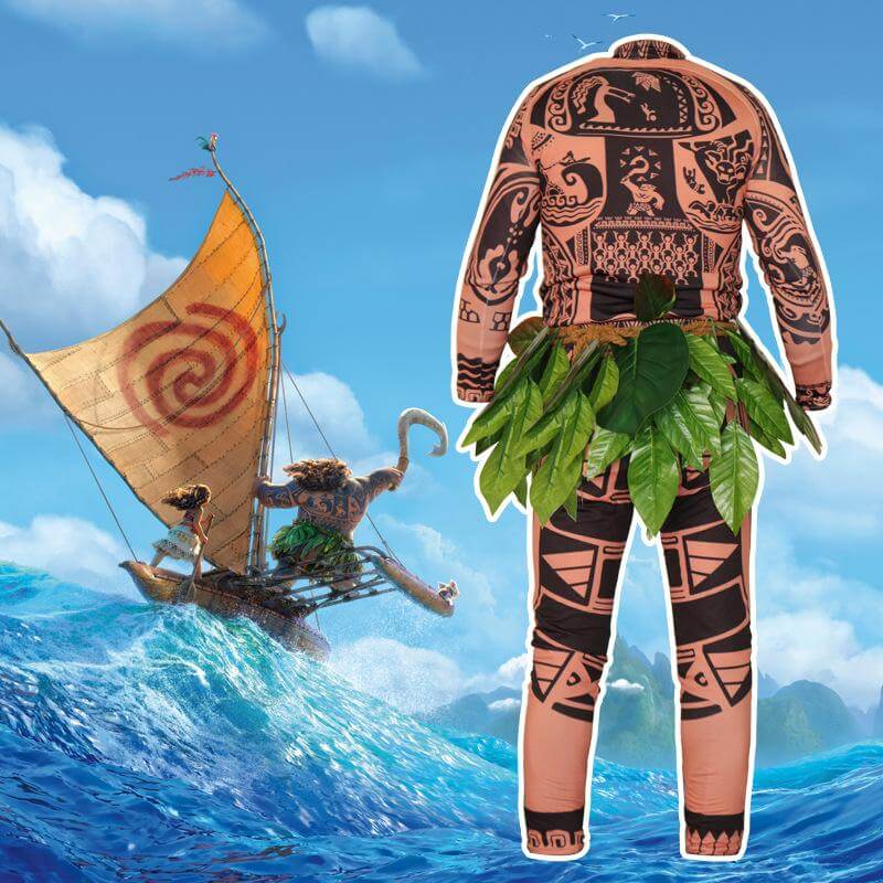 Maui Costume Boys/Man Halloween Cosplay Tattoo Shirt and Pants with Leaves Skirt