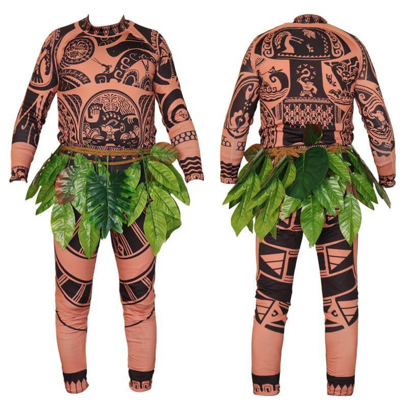 Maui Costume Boys/Man Halloween Cosplay Tattoo Shirt and Pants with Leaves Skirt