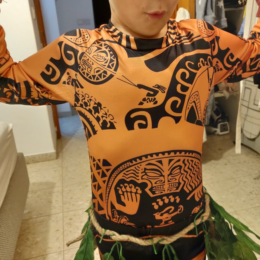 Maui Costume Boys/Man Halloween Cosplay Tattoo Shirt and Pants with Leaves Skirt