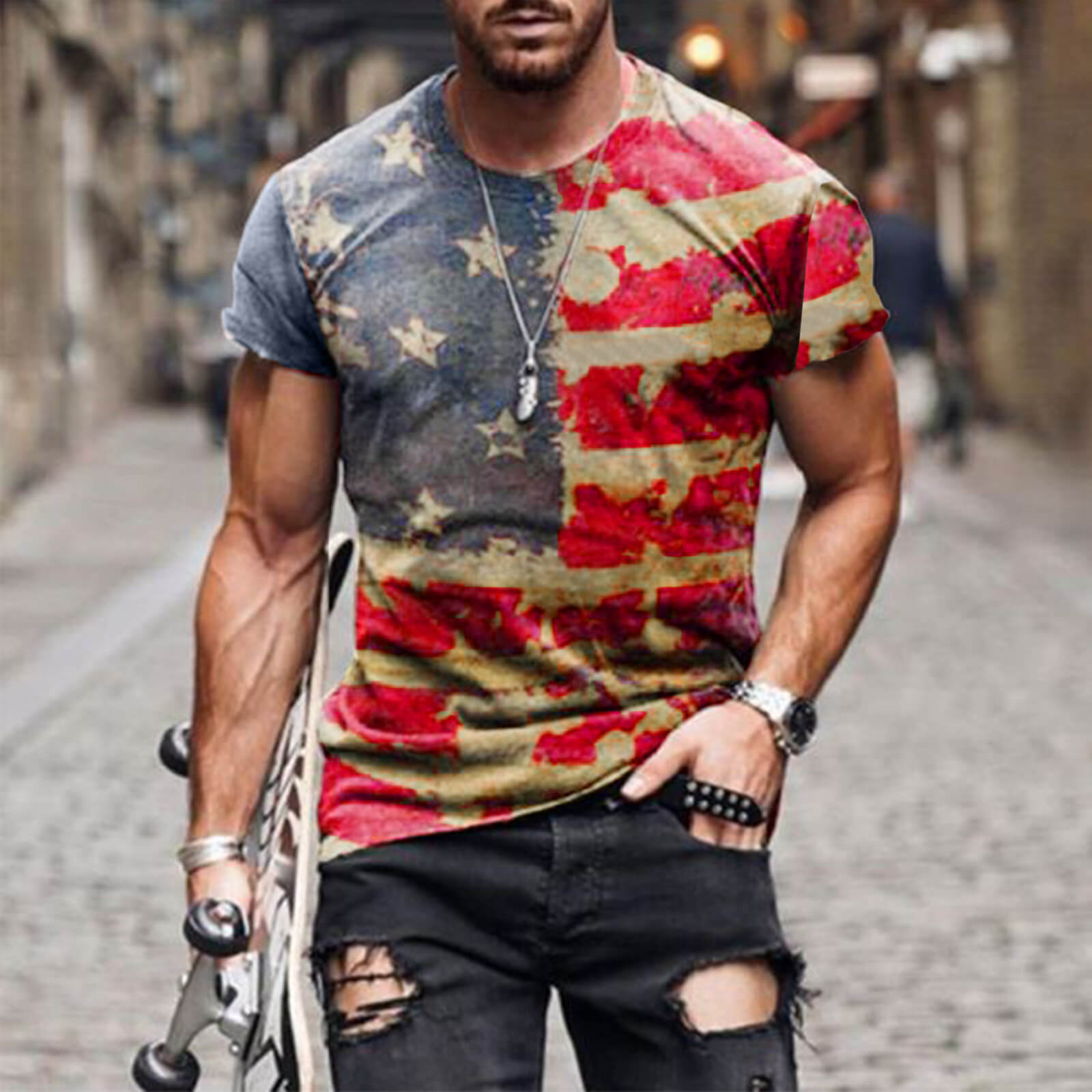 Adult 4th of July Shirt American Flag Casual Patriotic Tee with Plus Size for Men