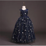 Blue Starry Printing Lace Long Comunion Dress Cotton Lining Princess Sequin Girl Dress