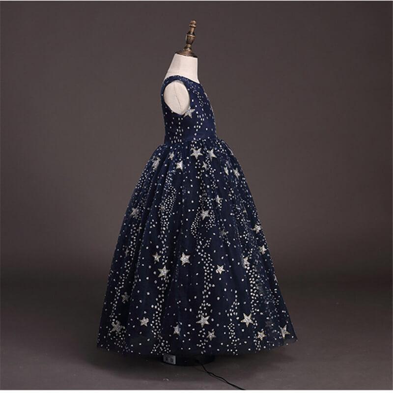 Blue Starry Printing Lace Long Comunion Dress Cotton Lining Princess Sequin Girl Dress