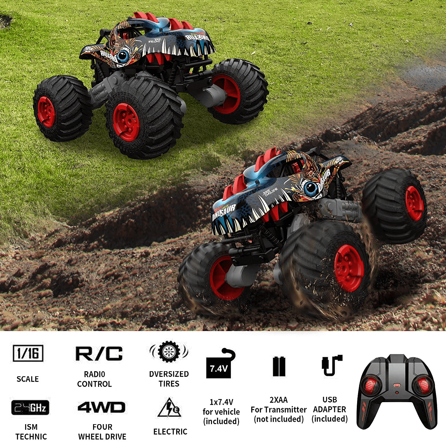 RC Dinosaur Cars 1:16 Remote Control Monster Truck Off-road 4WD Climbing Car for Kids Birthday Christmas Gift