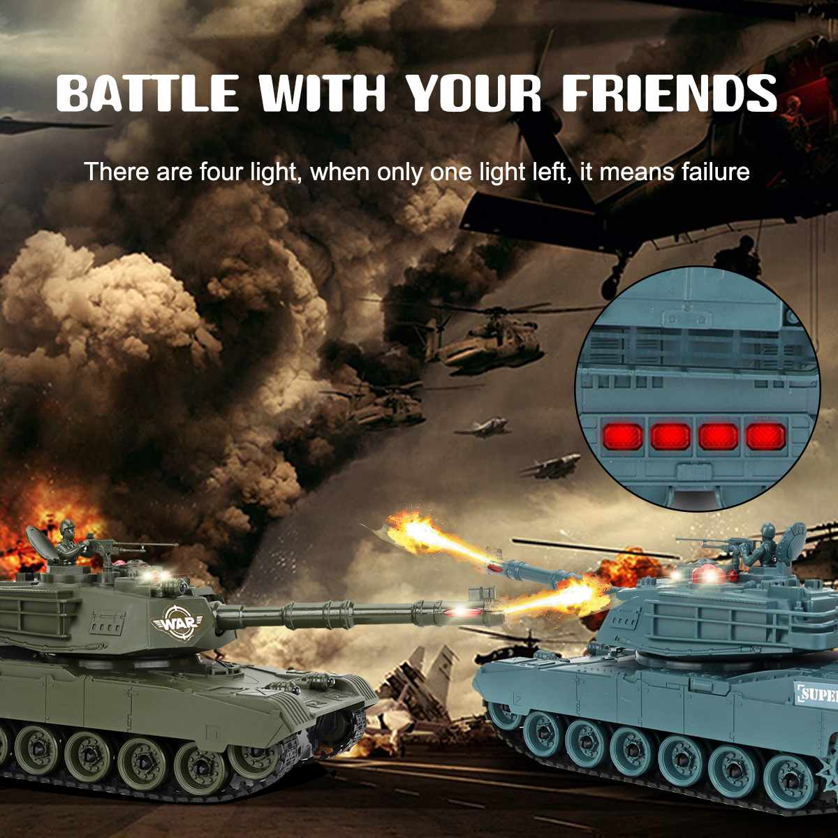 2.4G RC Tank Remote Control Battle Tank 350 Rotatable Turret Crawler Simulation Lighting Car Monster Toys for Children Kids Gift