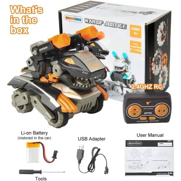 2.4GHz Remote Control Dinosaur Car Monster Truck Cartoon Smart Stunt Tank With Realistic Tank and Dino Sounds