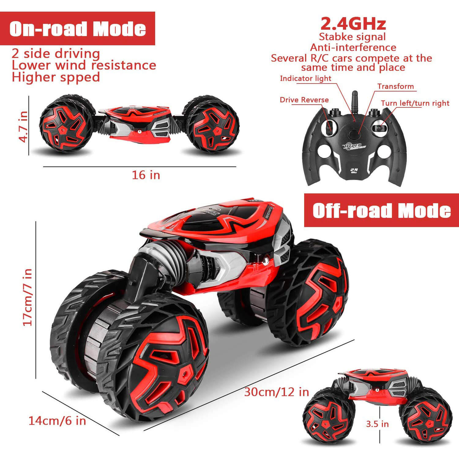 RC Cars For Kids - 1:12 Rugged Remote Control Car 2.4Ghz Off-Road dual motors Rock Crawler Transform All Terrains
