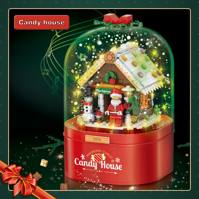 Christmas Building Block Music Box Home decoration with Automatic Snow LED for Boys Grils Christmas Gift
