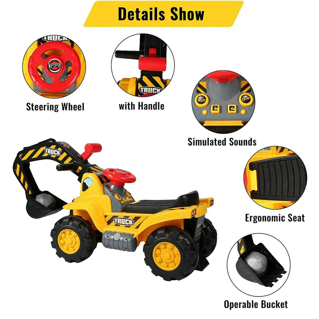 Kids Ride-on Excavator Toys Outdoor Digger and Bulldozer Truck With Safety Helmet and Simulation Sound