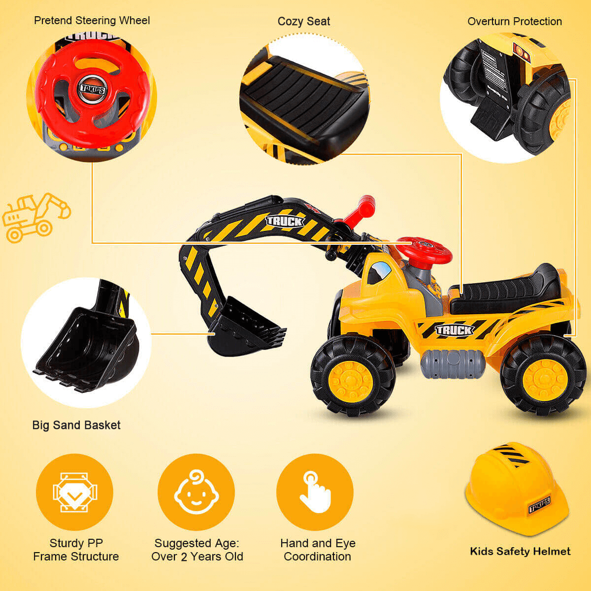 Kids Ride-on Excavator Toys Outdoor Digger and Bulldozer Truck With Safety Helmet and Simulation Sound