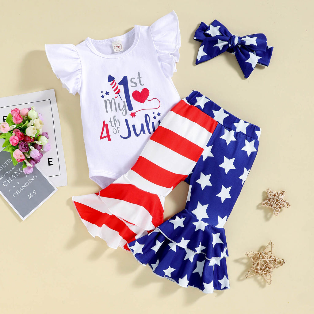 Newborn Toddler 1st 4th of July Outfit Romper Pants Headband 3pcs Suit American Flag Costume