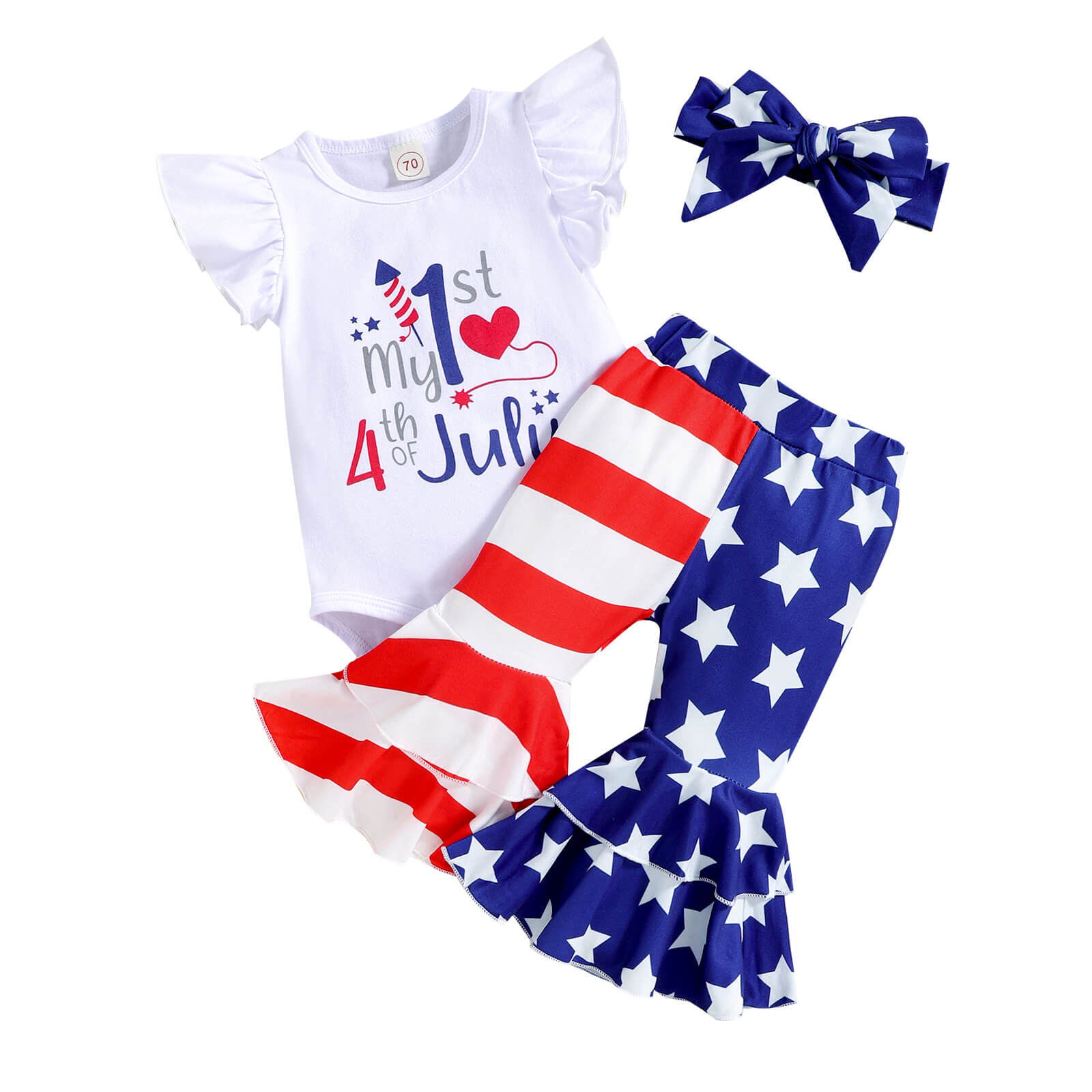 Newborn Toddler 1st 4th of July Outfit Romper Pants Headband 3pcs Suit American Flag Costume