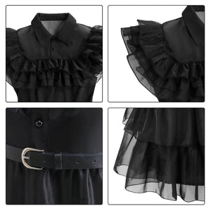 Girls Wednesday Dress Wednesday Addams Costume Black Tulle Dress with Belt Wednesday Outfit