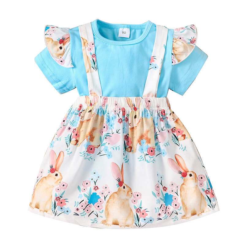 Baby Girl Easter Costume T-Shirt Tops and Easter Rabbit Floral Bow Suspender Skirts Suit for Easter Day