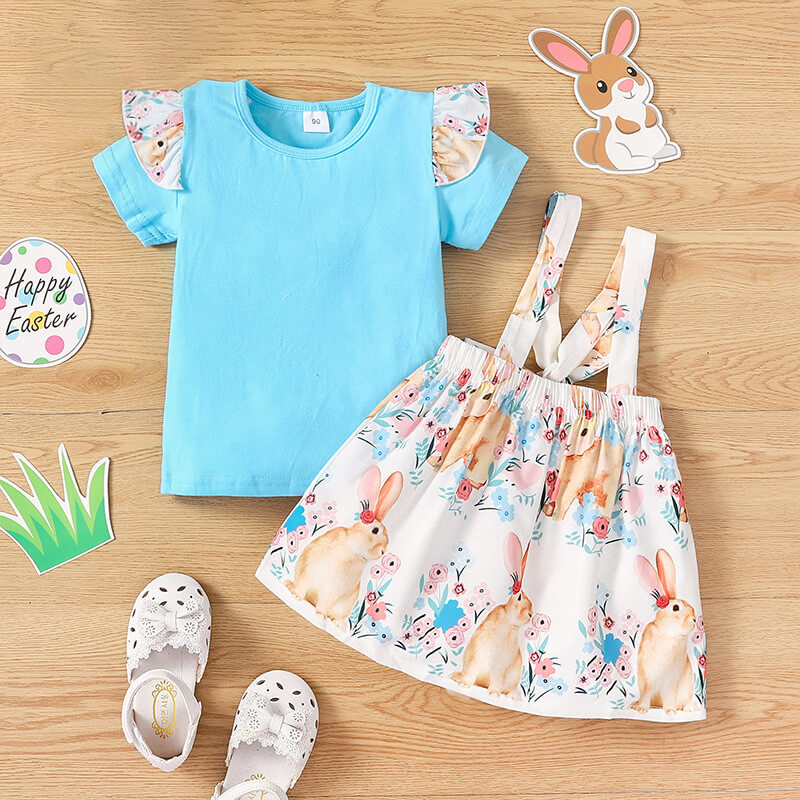 Baby Girl Easter Costume T-Shirt Tops and Easter Rabbit Floral Bow Suspender Skirts Suit for Easter Day