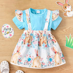 Baby Girl Easter Costume T-Shirt Tops and Easter Rabbit Floral Bow Suspender Skirts Suit for Easter Day