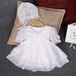Infant Baptism Dress Baby Girl Retro Petal Lapel Satin Lace Christening Gown with Bonnet