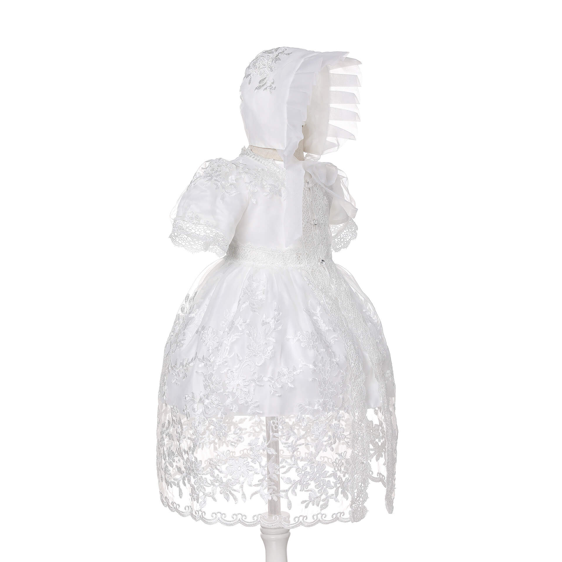 Baby Girls Christening Dress Newborn Lace Flower Embroidered Christening Gown Cape Bonnet and Headwear
