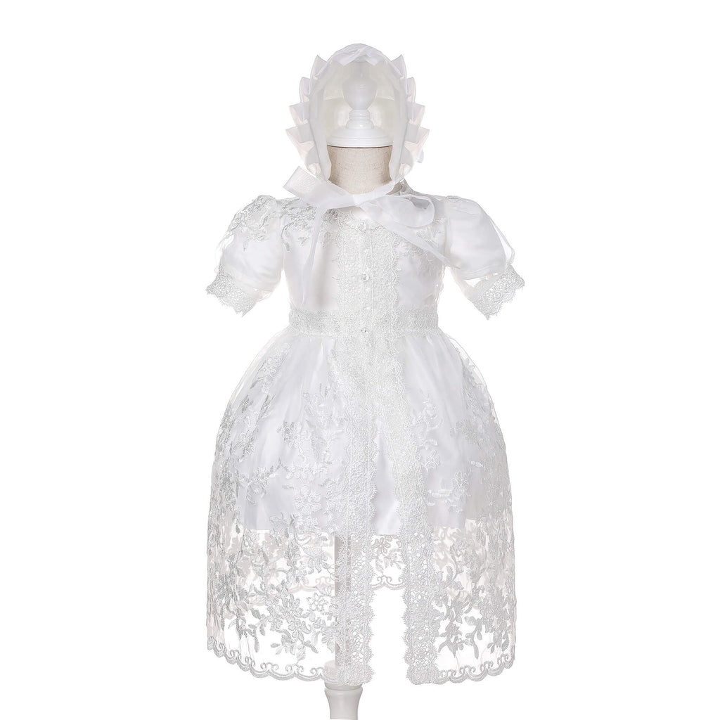 Baby Girls Christening Dress Newborn Lace Flower Embroidered Christening Gown Cape Bonnet and Headwear
