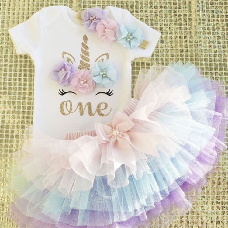 1st Birthday Dress for Baby Girl Fancy Unicorn Party Tutu Skirt Romper Headband Outfit