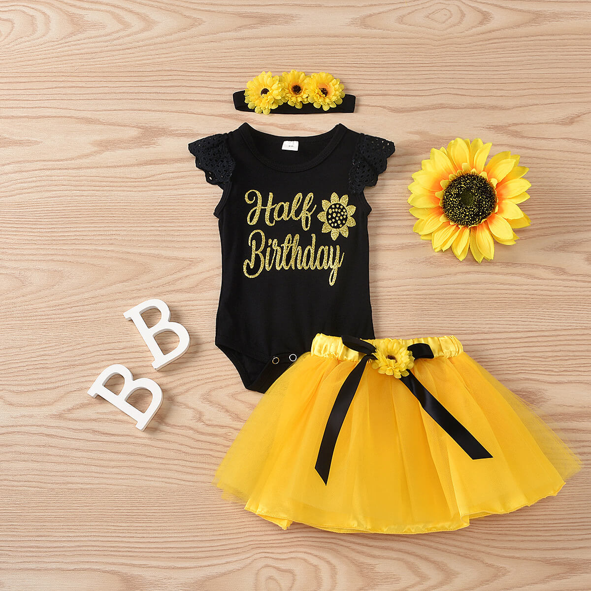 Baby Girl 1st Birthday Outfit Party Dresses Sunflower Romper Tutu Skirt Headwear Full Set