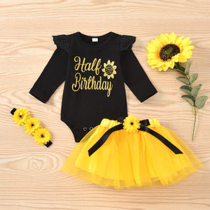 Baby Girl 1st Birthday Outfit Party Dresses Sunflower Romper Tutu Skirt Headwear Full Set