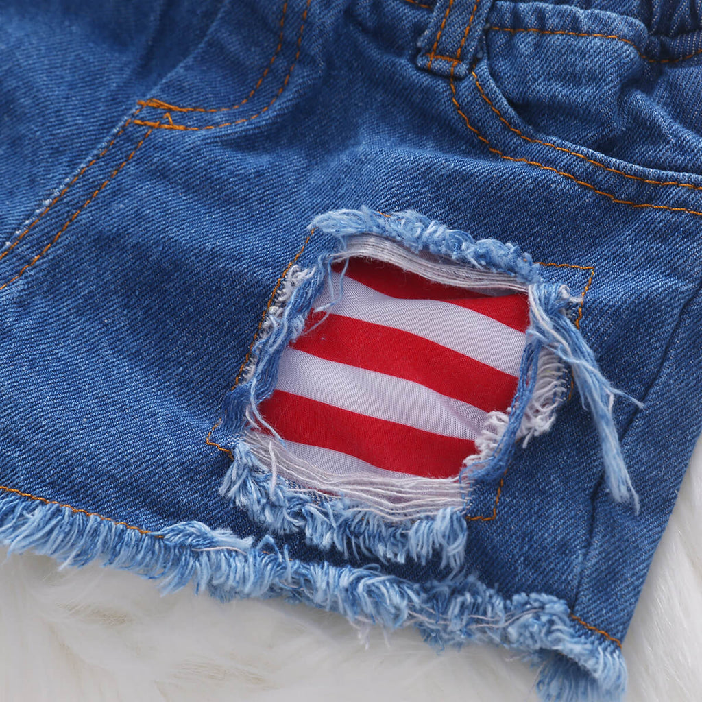 Baby Girl 4th of July Outfit American Flag 2PCS Patriotic Set Stars Stripe Tops+Denim Shorts