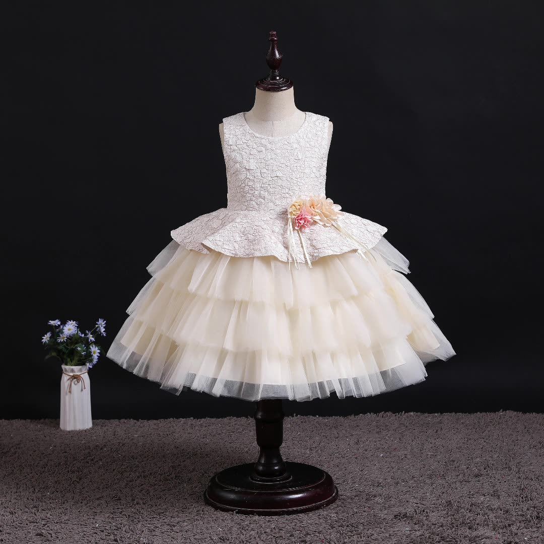 Fantasy Flower Girls Evening Party Dress Multi-layered Lace Embroider Dress