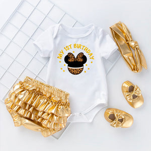 New Born Girls Outfit Gold and Black Baby Girl Romper Shoes Headband Skirt 4pcs Set Toddler Cute Onesie