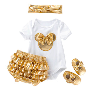 New Born Girls Outfit Gold and Black Baby Girl Romper Shoes Headband Skirt 4pcs Set Toddler Cute Onesie