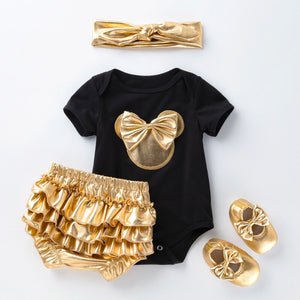 New Born Girls Outfit Gold and Black Baby Girl Romper Shoes Headband Skirt 4pcs Set Toddler Cute Onesie