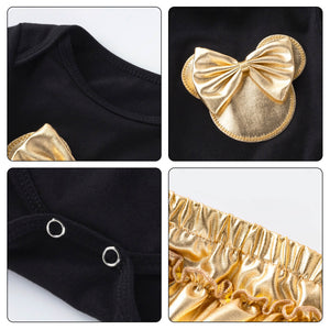 New Born Girls Outfit Gold and Black Baby Girl Romper Shoes Headband Skirt 4pcs Set Toddler Cute Onesie
