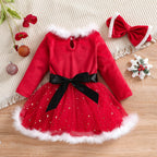 Toddler Baby Girls Santa Dress Red Christmas Long Sleeve Winter Dress with Headwear