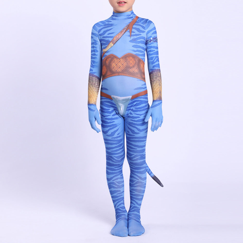Kids Neytiri and Jake Sully Costume The Way of Water Jumpsuit Tight Bodysuit with Tail for Halloween