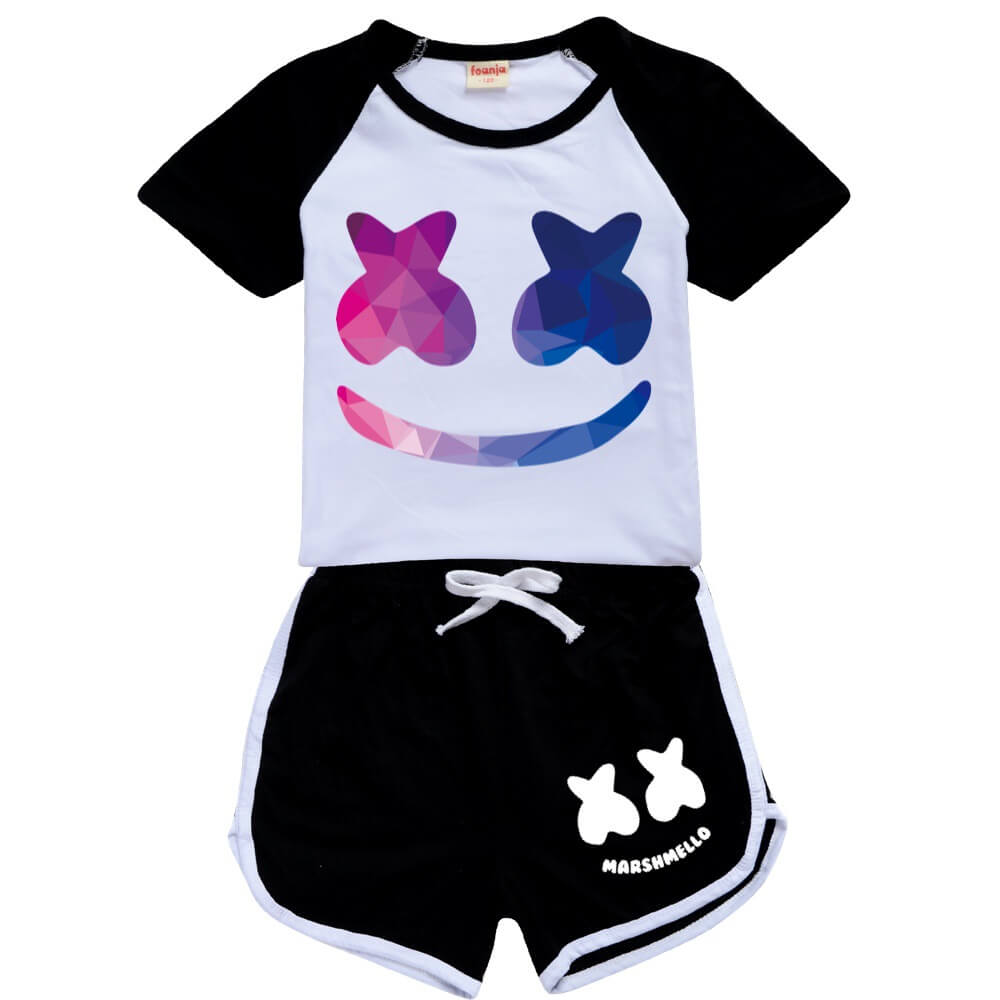 Kids DJ Marshmallow Tracksuits Smiley Face T-Shirt and Shorts 2pcs Outfit  for Boys and Girls