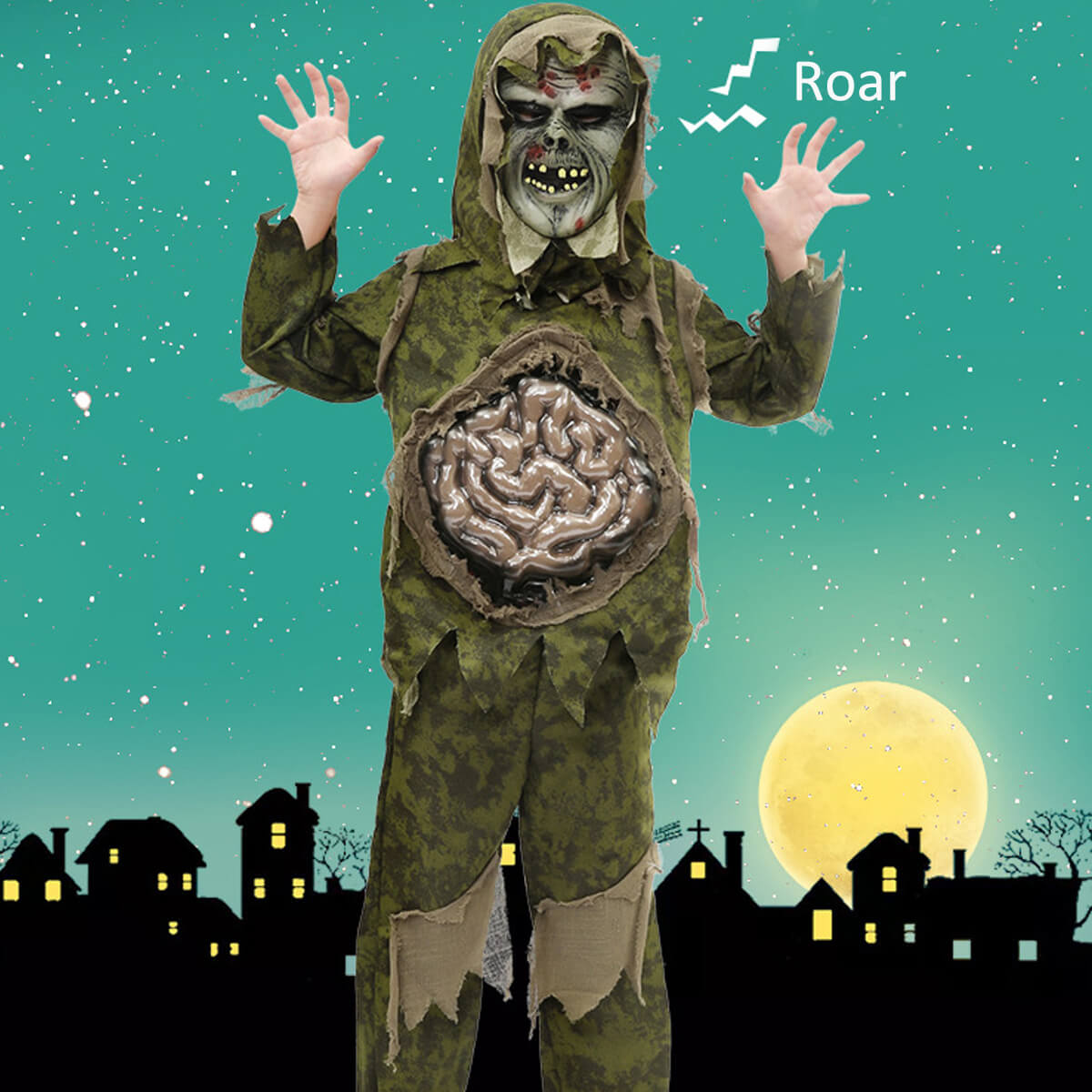 Kids Zombie Costume for Halloween Dress Up Party Boys Girls Green Monster Suit Scary Outfit