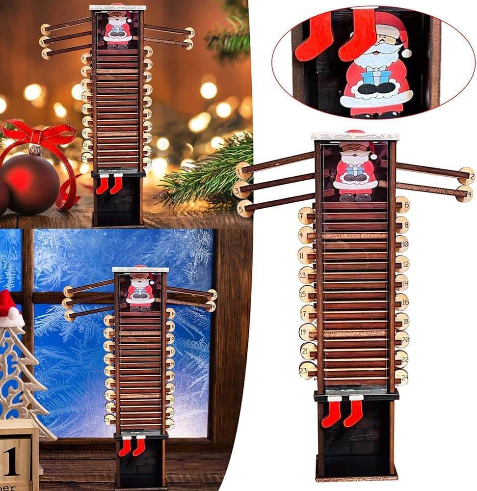 Christmas Advent Calendar 2025 Santa Claus Down The Chimney Ornament Wooden Christmas Advent Gift for Kids