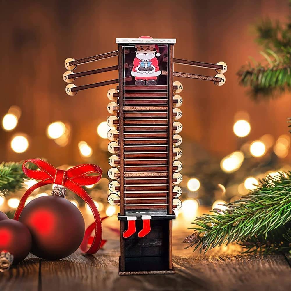 Christmas Advent Calendar 2025 Santa Claus Down The Chimney Ornament Wooden Christmas Advent Gift for Kids